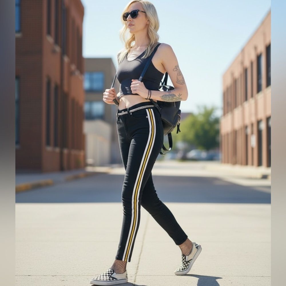 Hot Kiss “Get The Lift” Jeggings With Yellow And White Side Racing Stripe